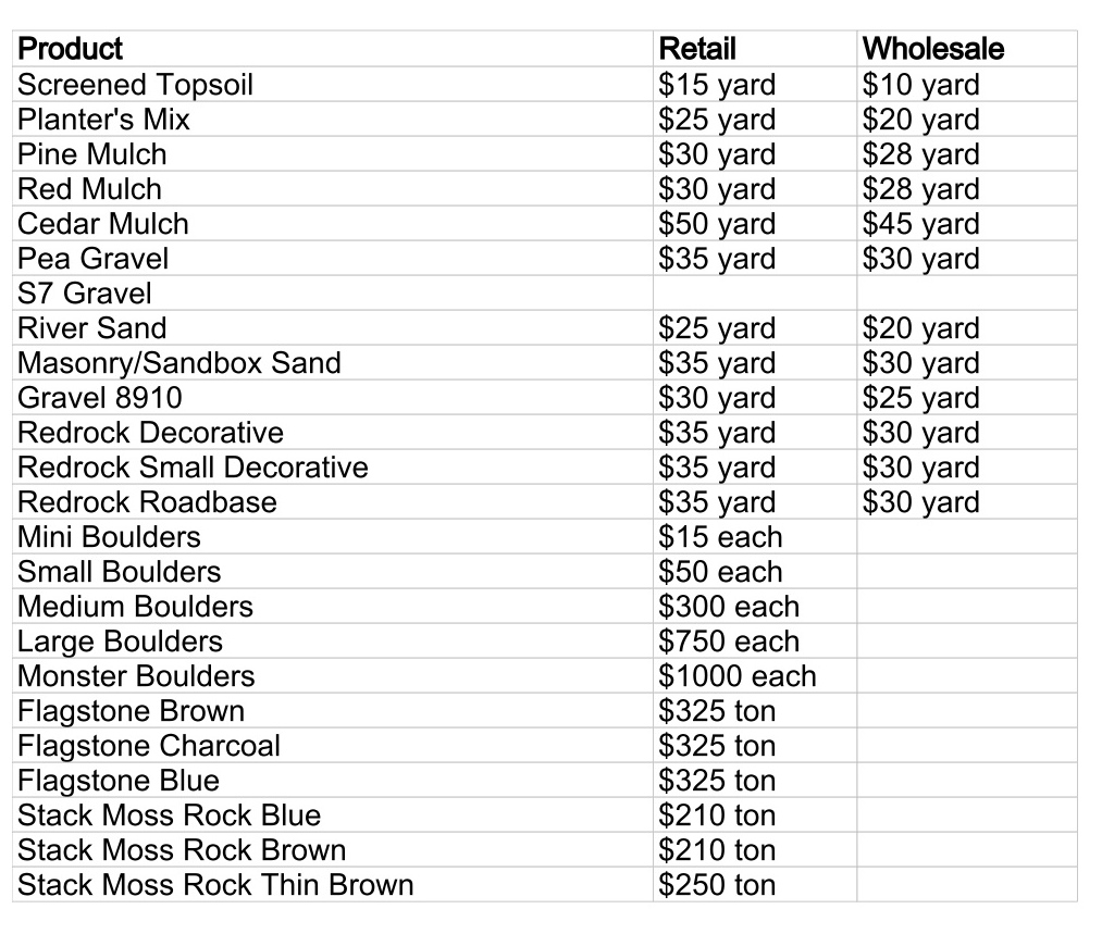 Landscaping Price List